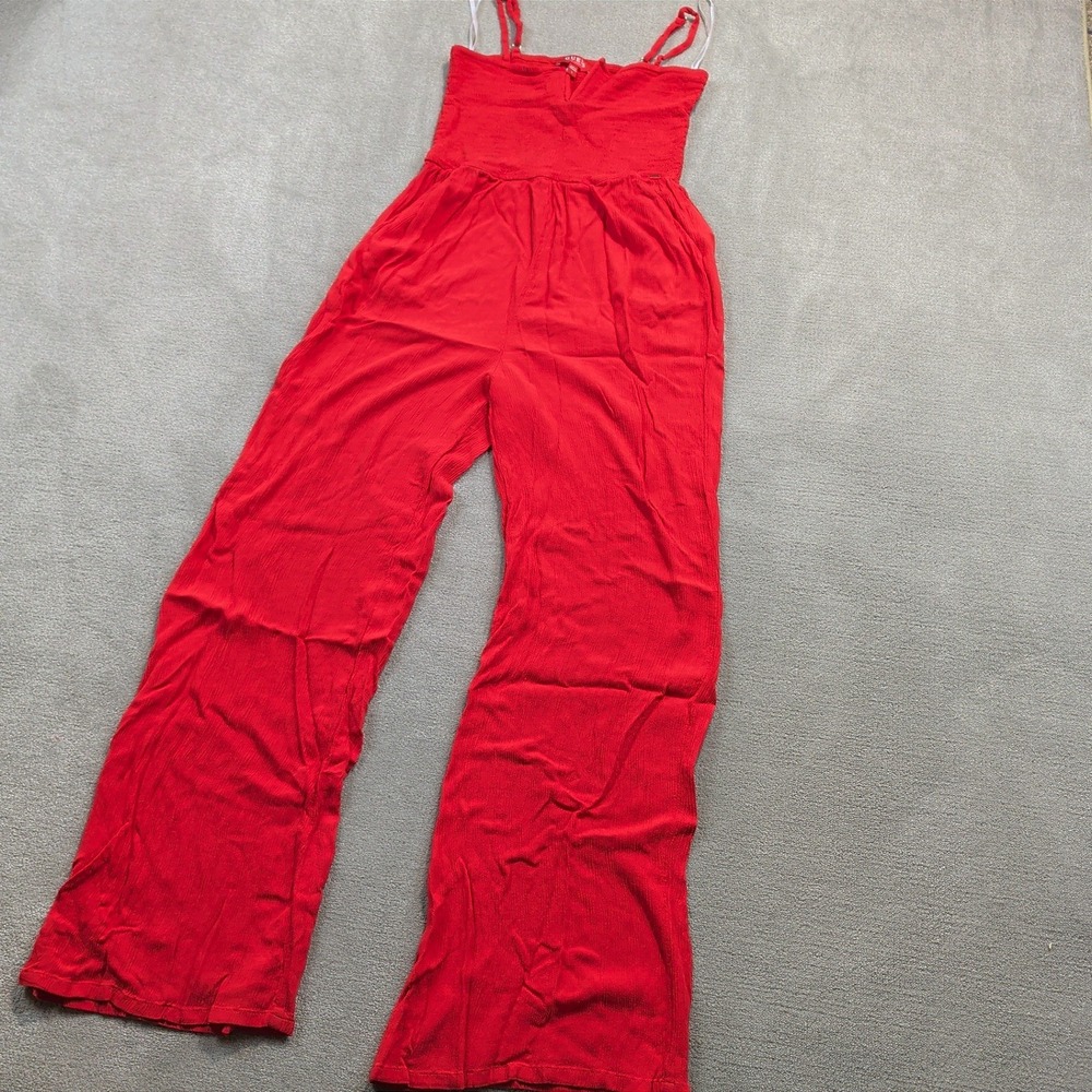 Guess Jumpsuit Womens Large Red Smocked Wide Leg Adjustable Strap Boho Casual
